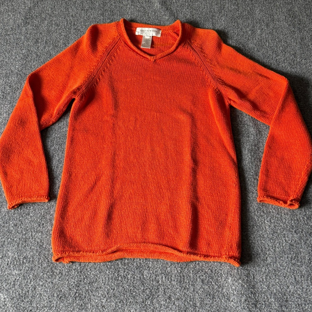 Jones New York Sport Petite Orange V-Neck Knit‎ Sweater Cotton Linen Ramie P/P